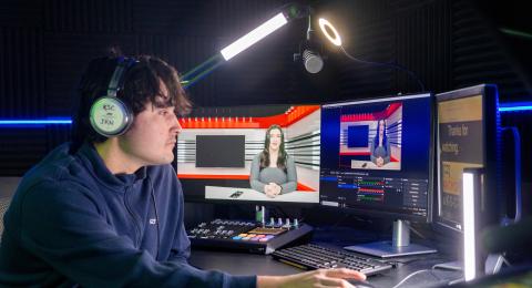 Journalism student recording a broadcast